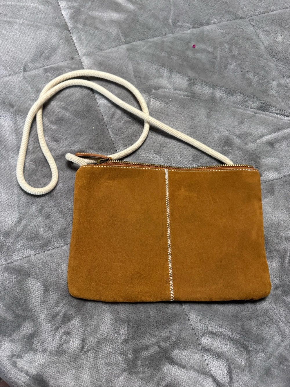 GAP Suede Crossbody Pouch in Tan with Cream Strap